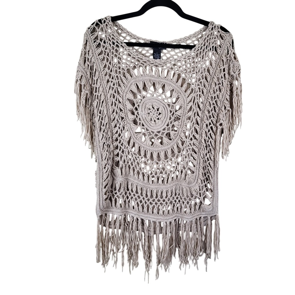 Vintage Bohemian Crochet Top Women's Small Beige Open Knit Fringe Beach Coastal